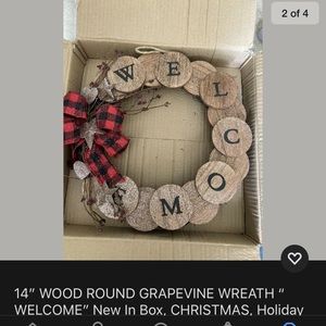 14” GRAPEVINE WREATH “ WELCOME” wood round rustic